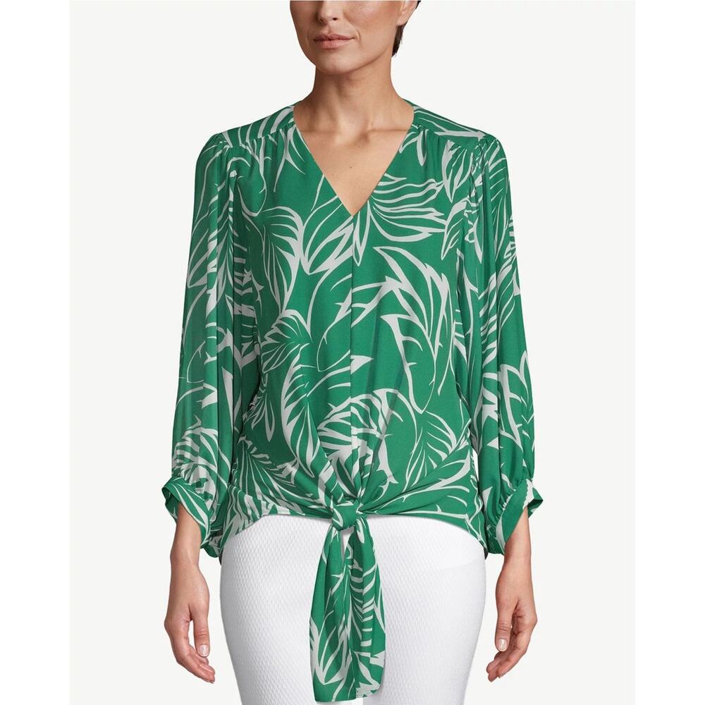 Chicos Tie-Front Green Palm V-Neck Tropical Blouse Green Sz 0 US 4/6 Small - Picture 1 of 11
